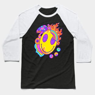 Broken Smiley Mushroom Burning Baseball T-Shirt